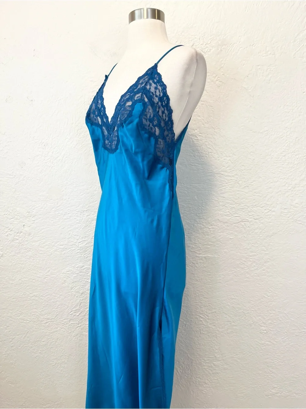 Vintage Slip Dress Chemise Blue Satin Lace Trim size Small S Romantic Fairy - Picture 4 of 13